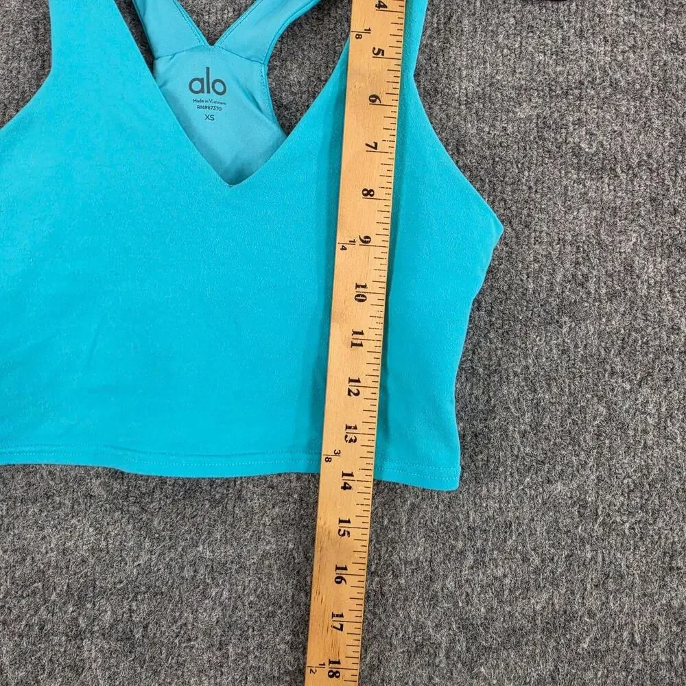 Alo Yoga Sports Bra Womens XS Real Bra Tank Blue Crossback V Neck Longline Yoga